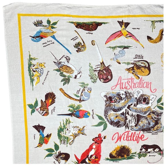 Vintage Wildlife Of Australia Linen Tablecloth Wall Hanging Koala Bear 52” X 45” - Picture 4 of 9